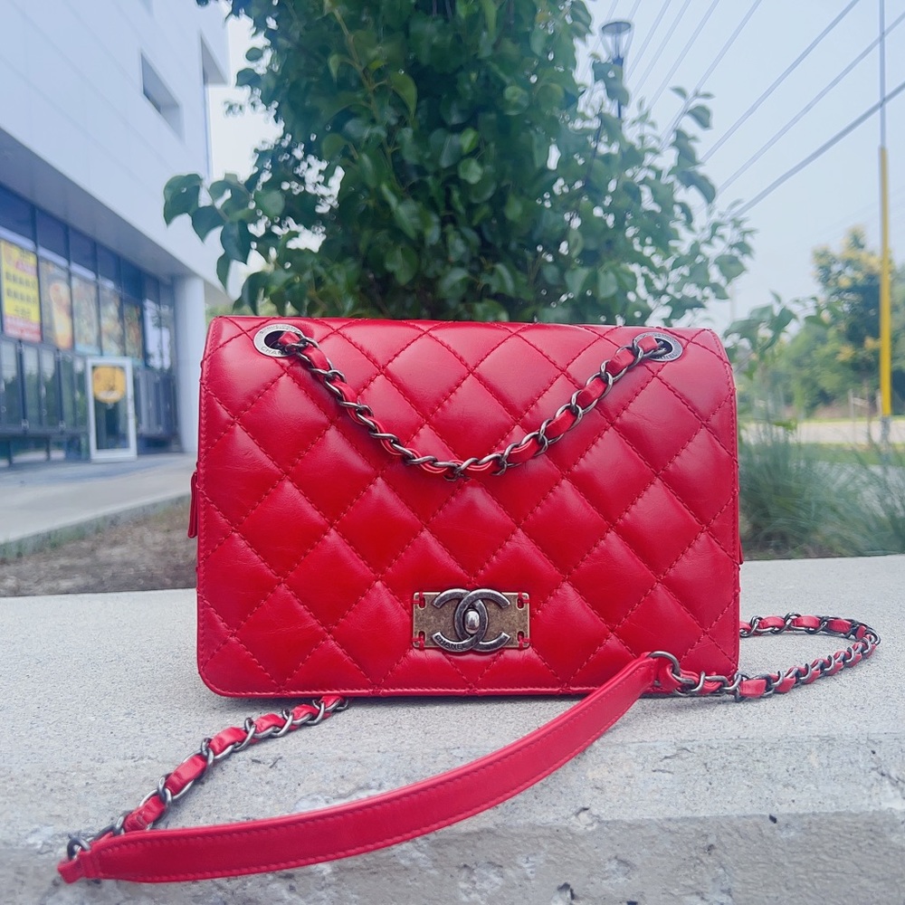 Chanel Red Quilted Calfskin Leather Classic  Flap Bag